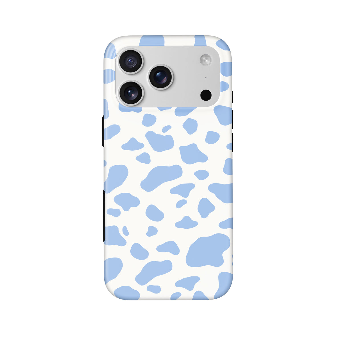 Moo-velous in Light Blue iPhone 17 Pro case — white background and dual-layer black buttons