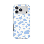 Moo-velous in Light Blue iPhone 17 Pro case — white background and dual-layer black buttons