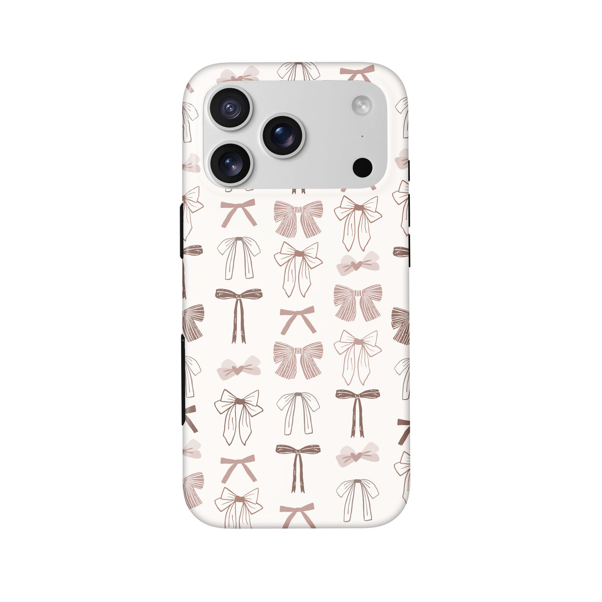 Bow Collection iPhone 17 Pro case — cream and brown bows, dual-layer black buttons