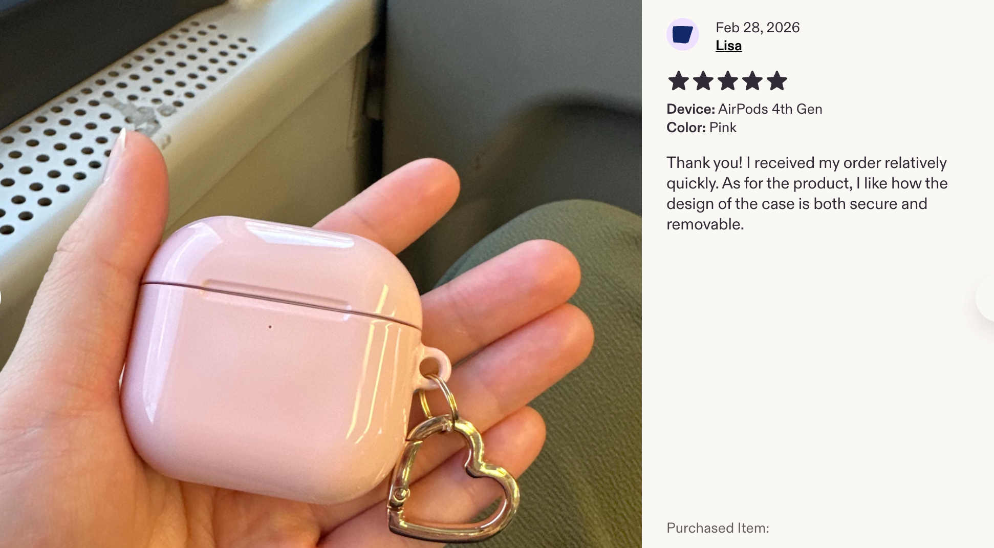 Customer holding a pink AirPods case with a gold heart clip