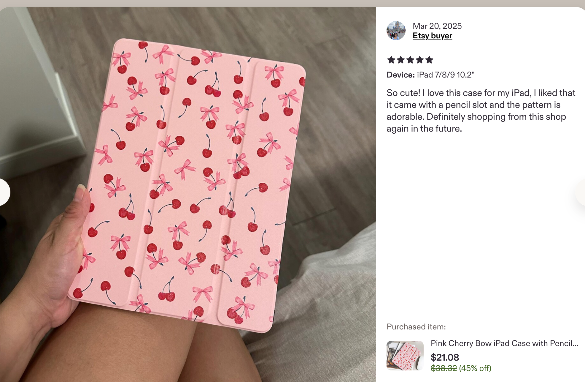 Customer photo of the cherry bow iPad case