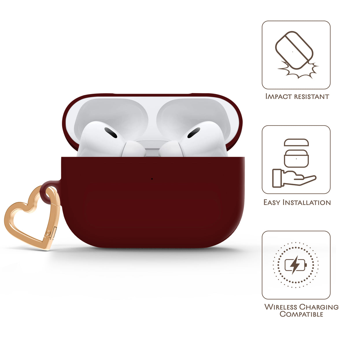 Dark Cherry AirPods case with gold-tone heart clip — view 5
