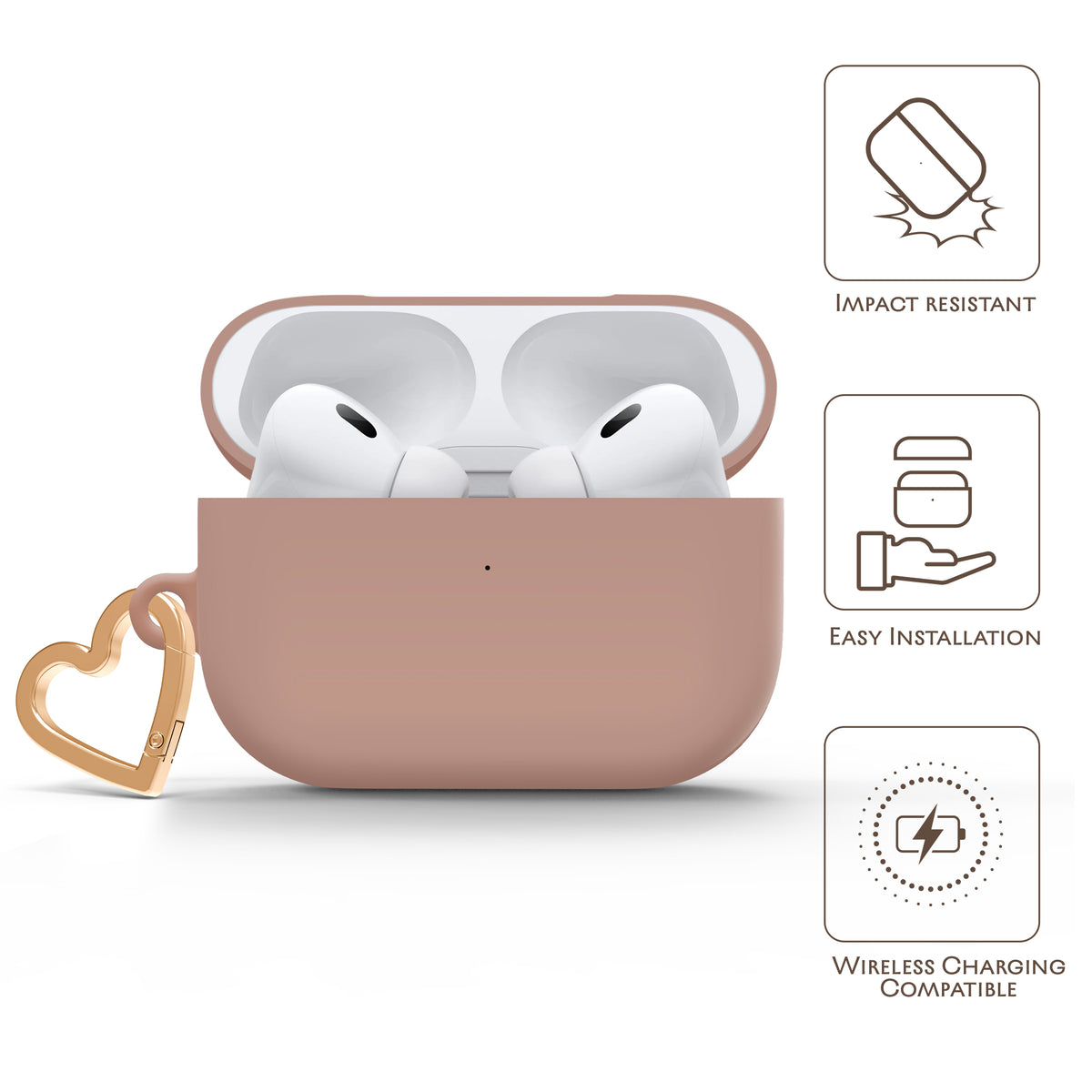 Mocha Mousse AirPods case with gold-tone heart clip — view 5