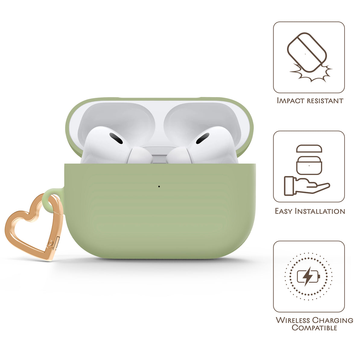 Sage Green AirPods case with gold-tone heart clip — view 5
