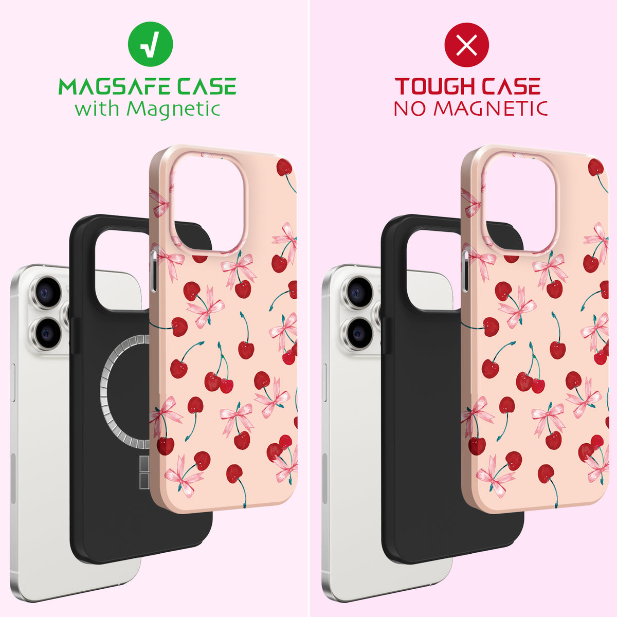 Ms. Cherry dual-layer MagSafe Case and Tough Case construction comparison