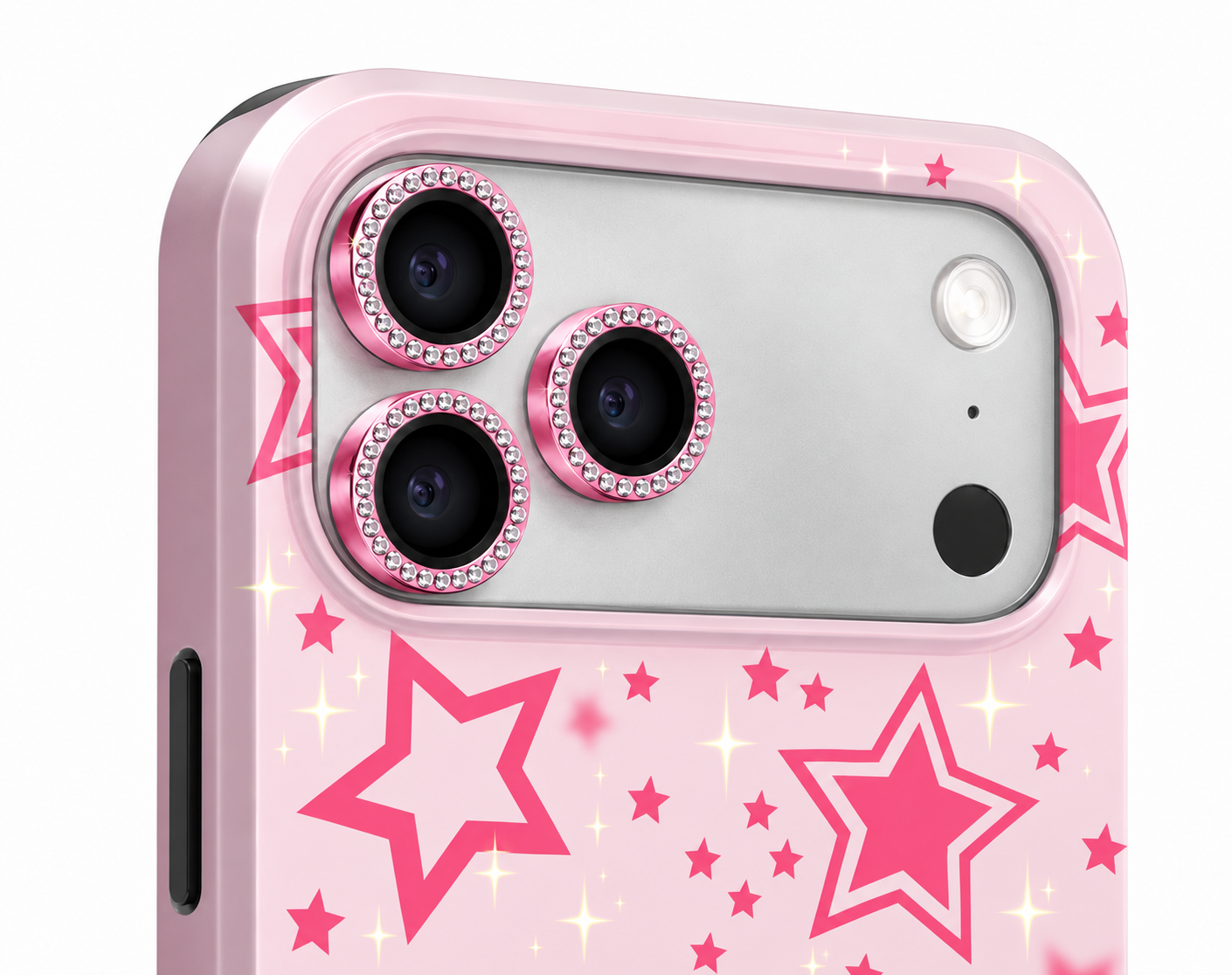 Pink rhinestone lens protectors paired with Starry Pink case